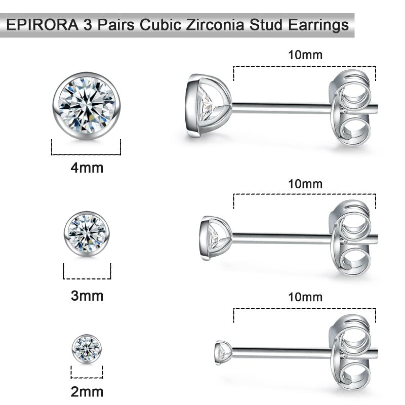 EPIRORA Sterling Silver Stud Earrings for Women Men- 3 Pairs of Tiny Round Cubic Zirconia Earrings CZ Small Cartilage Tragus Earrings(2mm/3mm/4mm) - Image 2